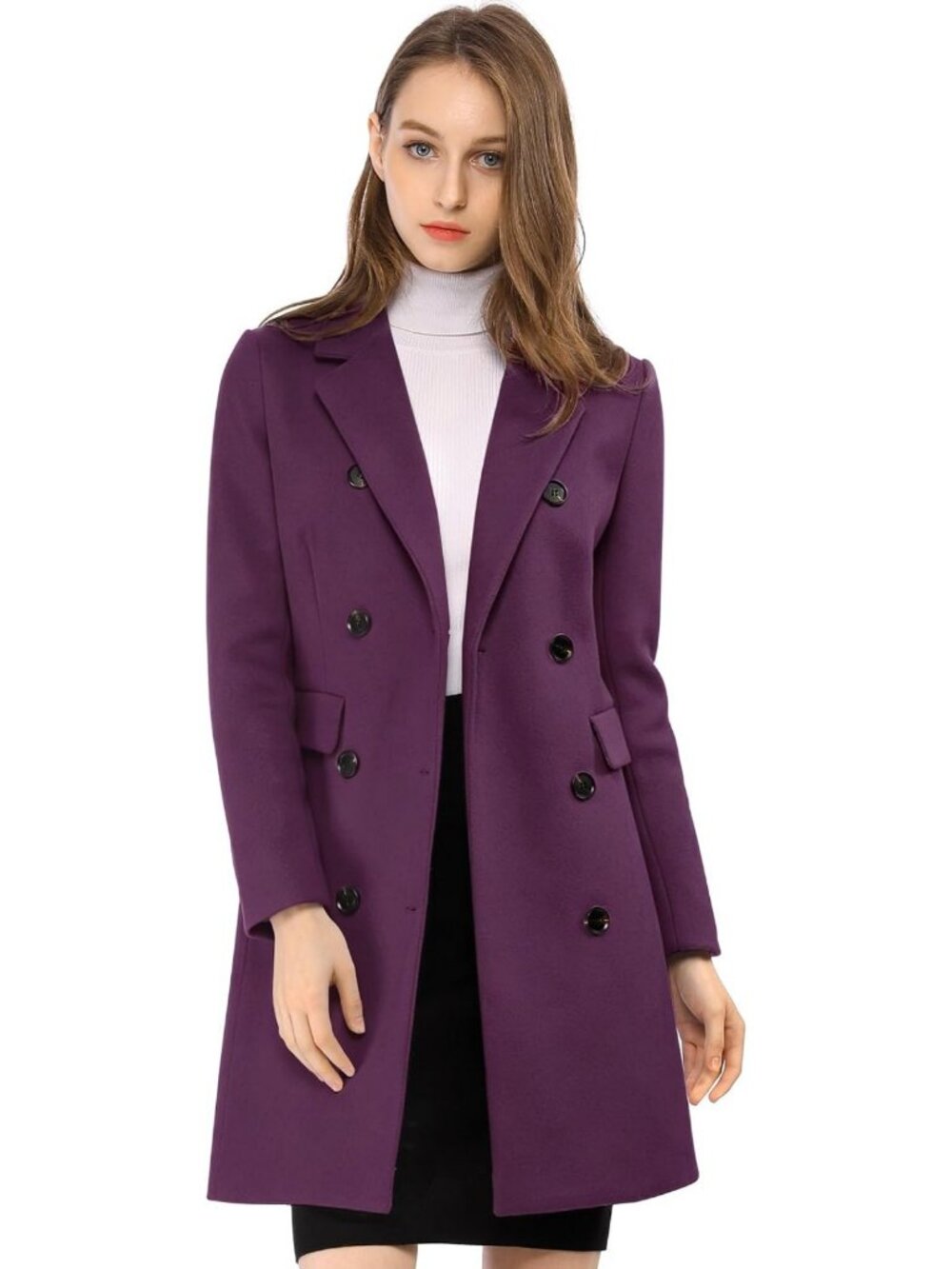 Stylish Women's Winter Coat, Notched Lapel, Double Breasted Trench Peacoat